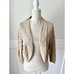 White Stag Ladies M Tan Open Knit Cropped Cocoon Cardigan 100% Cotton